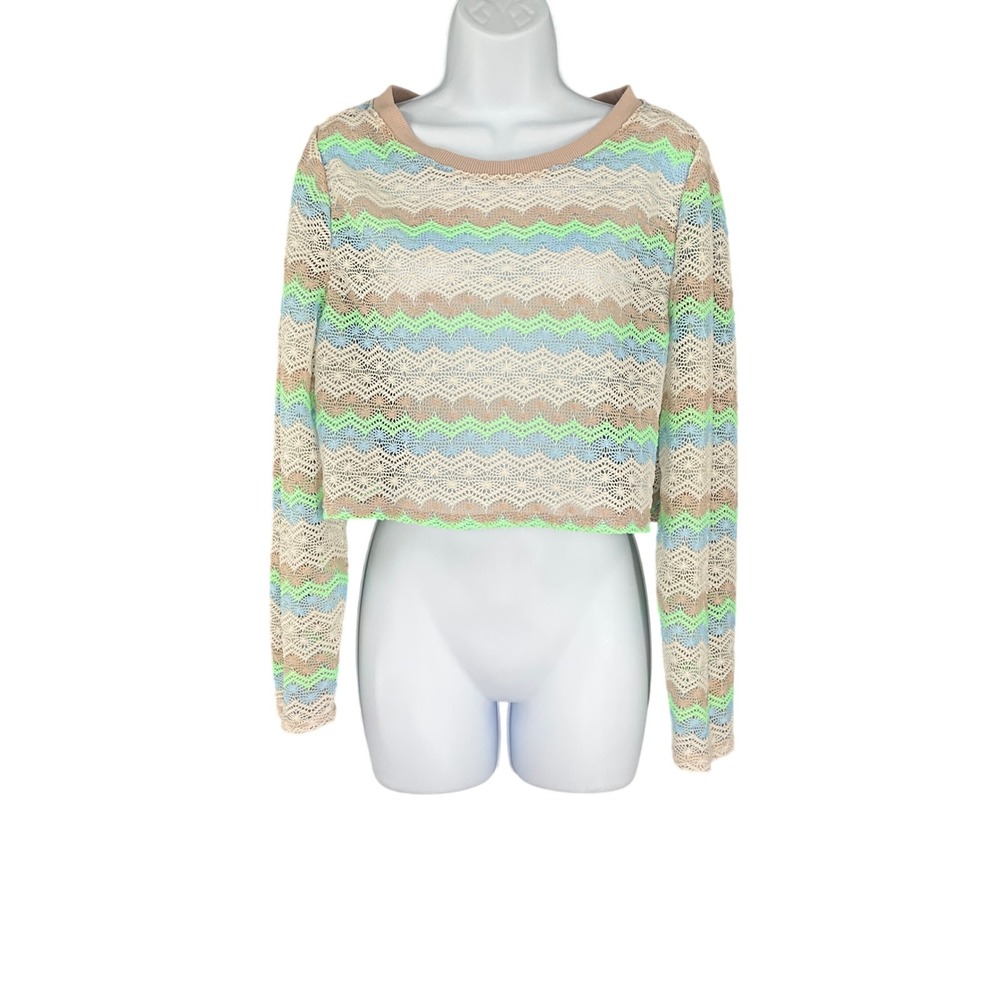 Wild Fable Top Womens XL Cropped Crochet Knit Sweater‎ Chevron Stripes Sheer